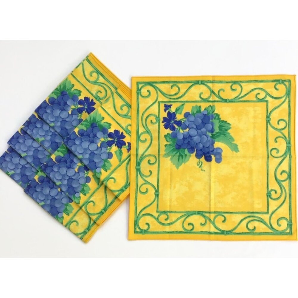 8 - Grapes & Wrought Iron Cloth Napkins Gold Purple Green Leaves Italian Wine